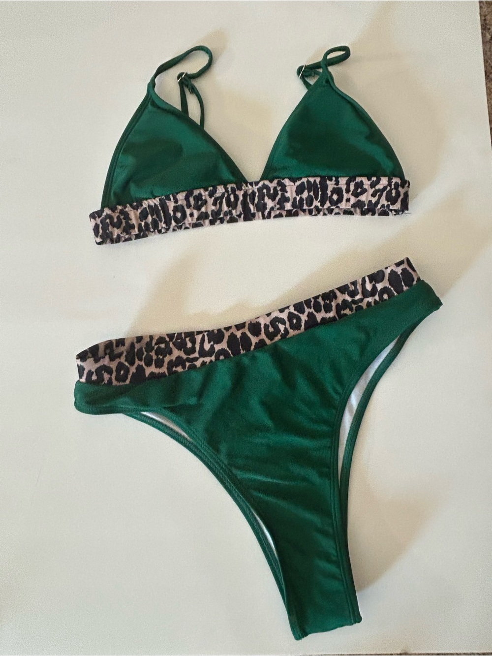 SHEIN Dark Green Bikini Set with Leopard Trim